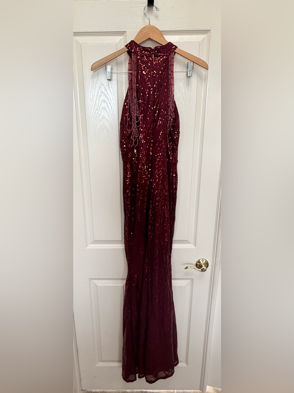 Miss Ord Wine Sequin Mermaid Gown • Size L • High Neck • Beaded Shoulder